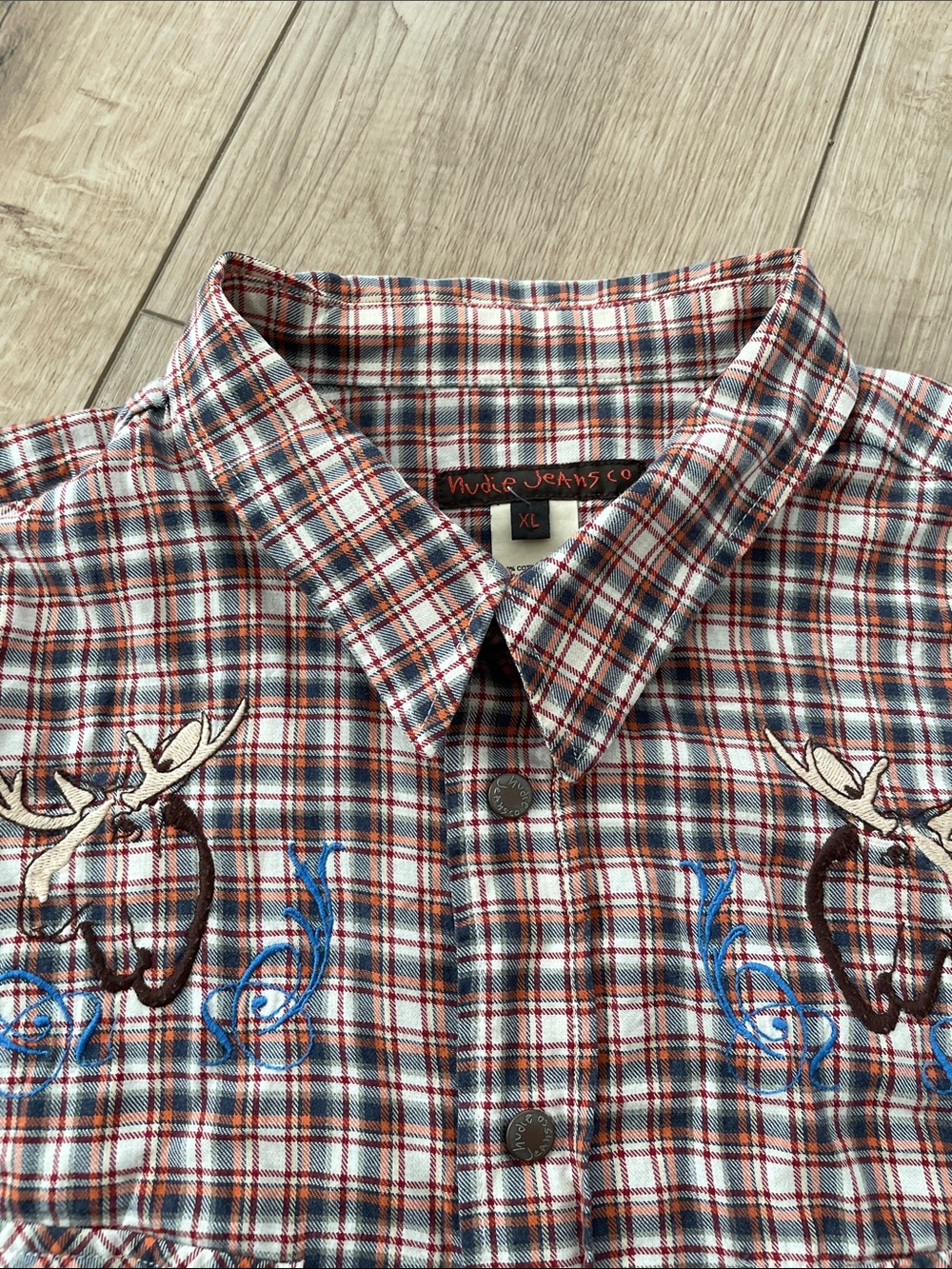 Nudie Jeans Co. 2011 Embroidered Plaid Western Snap Shirt XL Flawless Condition